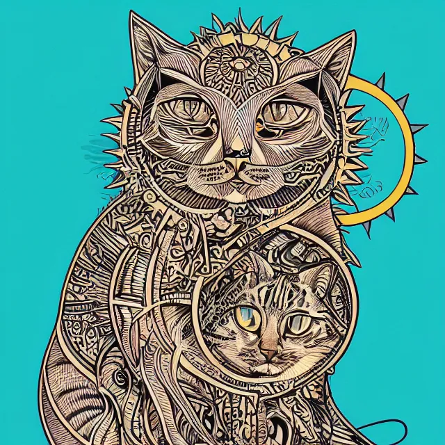 Prompt: tattoo sketch of a cat hugging the sun, on a canva, polynesian style, ornamental, line art, vector, industrial sci - fi, by mandy jurgens, ernst haeckel, james jean