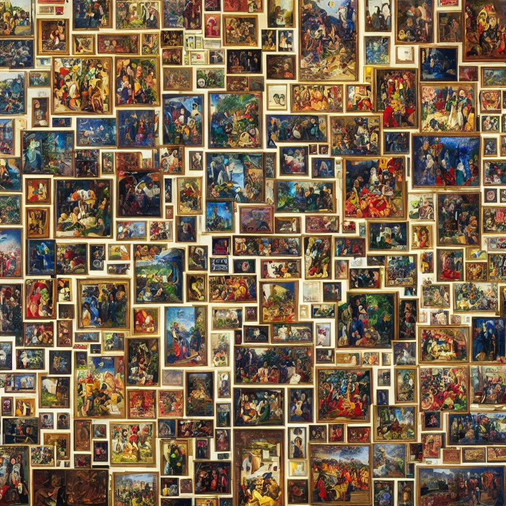 Prompt: a wall with a collage of world's six most expensive paintings