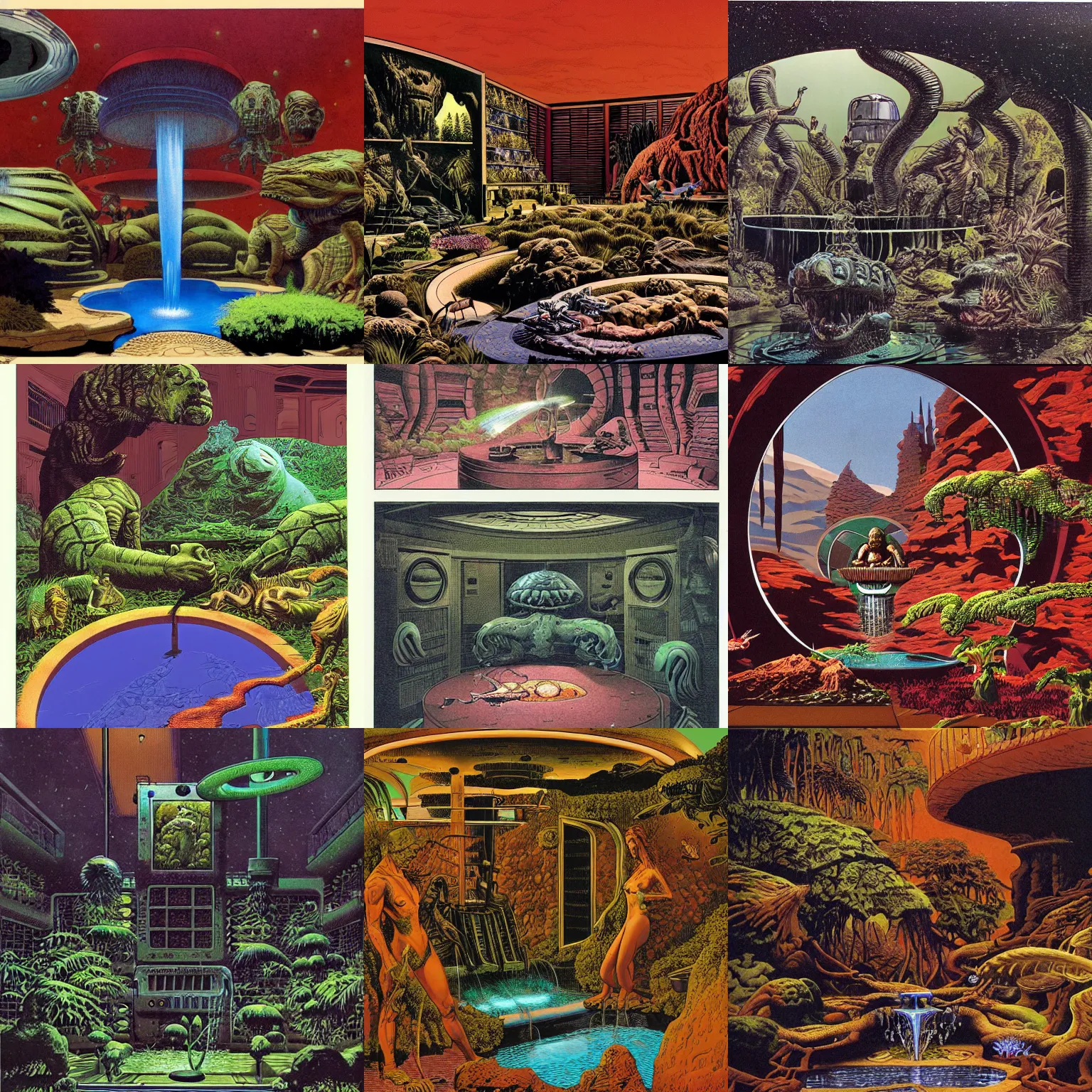 Prompt: interior view asimov mars habitat flora fauna fountain by richard corben