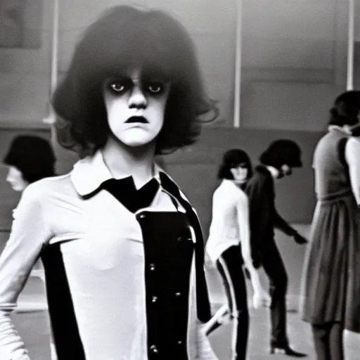 Image similar to A Clockwork Orange, women droogs, 1971 photography, female hooligans, shaggy haired punks, dystopian England