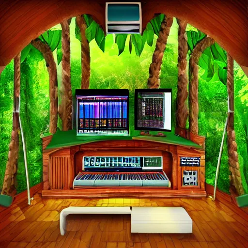 Image similar to jungle mansion with music studio rain high quality