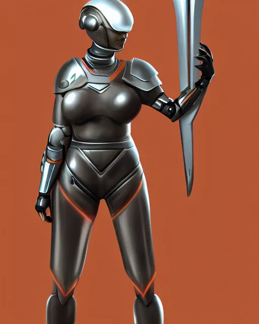 Image similar to concept art of a thicc female futurstic warrior, wearing a futuristic helmet, futurstic smooth slim fitted armor, sleek design, aerodynamic design, holding a large futurstic robotic bow, full body image | | epic - fine - clean, polished, trending on artstation, brush strokes