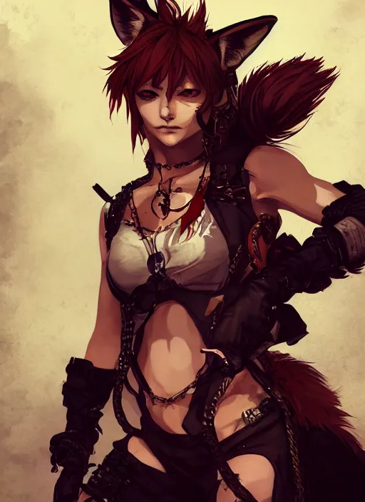 Prompt: portrait of a fox female with fox ears and a tail wearing pirate attire. in style of yoji shinkawa and hyung - tae kim, trending on artstation, dark fantasy, great composition, concept art, highly detailed, dynamic pose, vibrant colours.