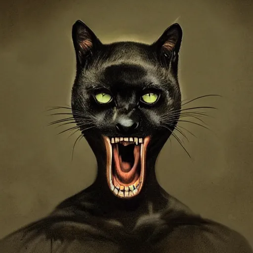 Image similar to [ threateningly supposed evil anthropomorphic black cat ]! illustrated by [ trevor henderson ]!, horror! art style, macabre feel, dark! atmosphere and lighting, 4 k photorealistic! photography, shot by jimmy nelson, trending on [ unsplash ]!, contest winner, cgsociety photorealism, award winning, anthropomorphic full - body!