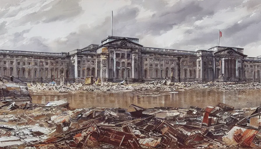 Prompt: A detailed render of a post apocalyptic scene of Buckingham palace in London ruined and devastated by flooding, broken down rusty london buses in flood water, sci-fi concept art, by Syd Mead, highly detailed, oil on canvas