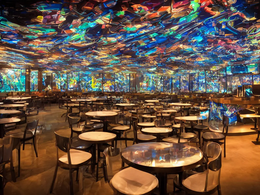 Image similar to screens with curved translucent screens projecting detailed sci - fi art, pixel perfect photograph, high contrast, volumetric lighting, thin glowing lights, restaurant, chairs, users, pair of keys