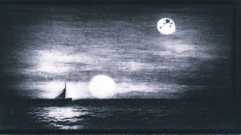 Image similar to haunted VHS glitch polaroid of a distant ferry sailing through deep blackness. strange perspective, depths, Ethereal lighting. Nighttime setting with the moon reflecting off the water