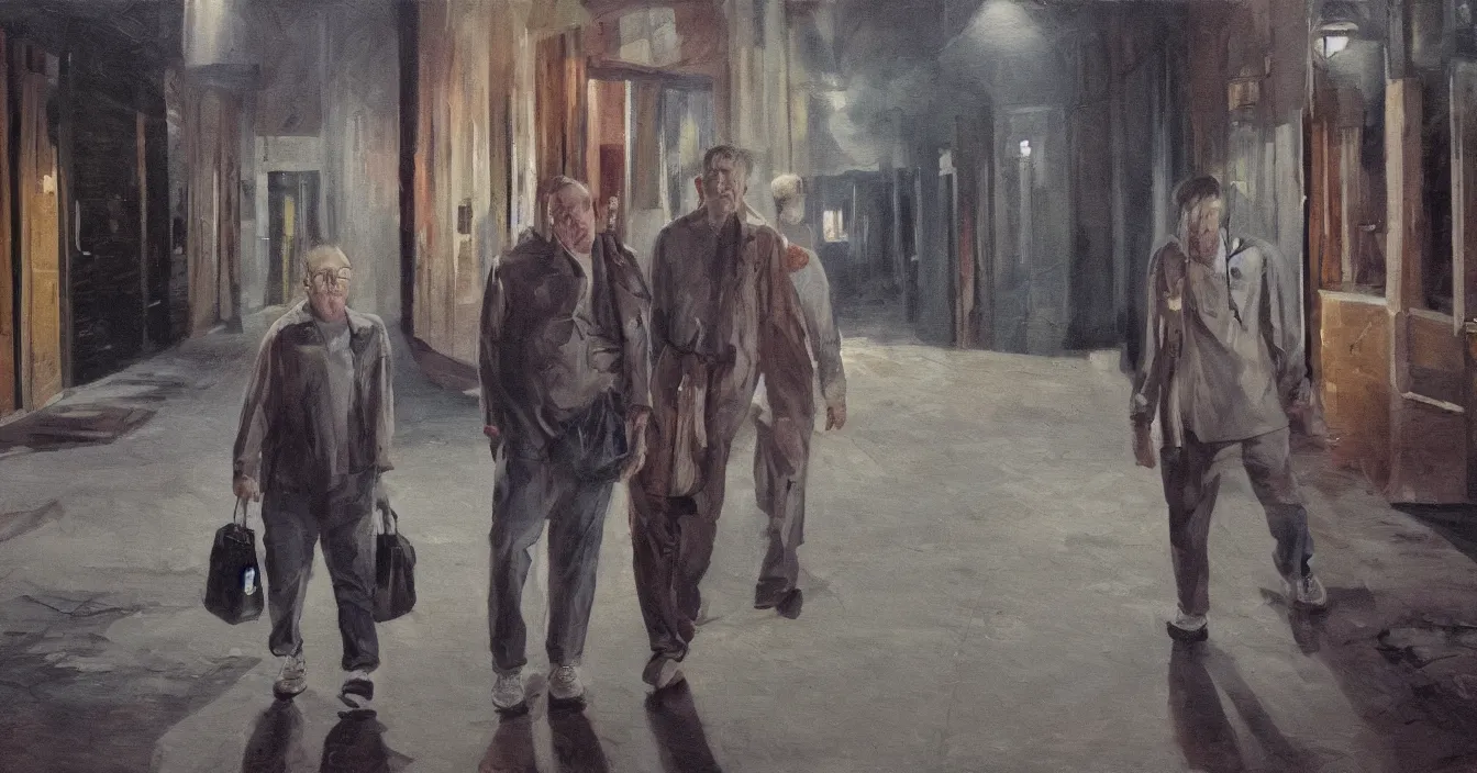 Prompt: todd solondz, high quality high detail painting of todd solondz walking with a friend in an empty tel aviv street, face of todd solondz, night, by lucian freud and gregory crewdson and francis bacon, hd, photorealistic lighting