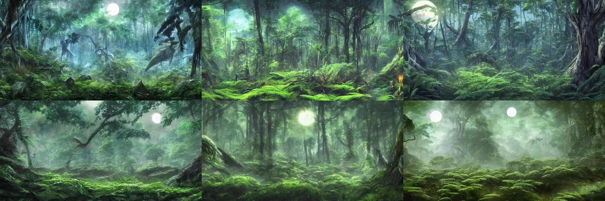 Prompt: full color still, moonlit fern forest, huge full moon, dinosaur bones, big vegetation, visual novel key visual, award - winning digital art on pixiv, trending on artstation