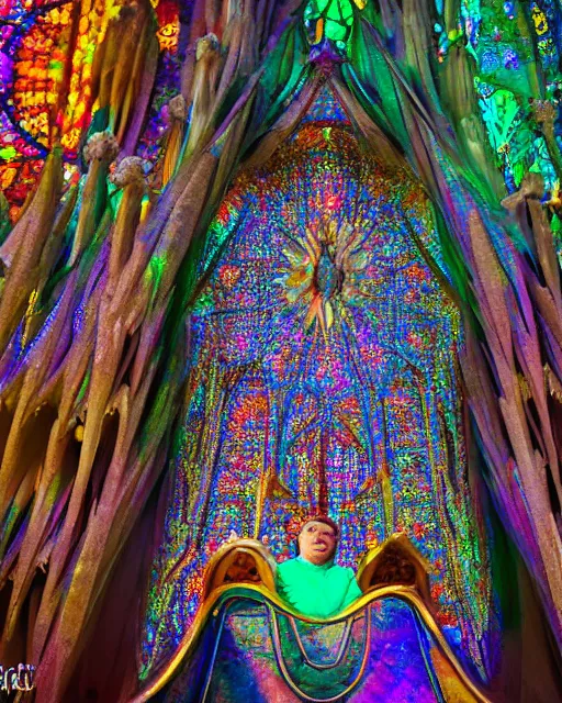 Prompt: King sitting in an iridescent throne designed by Gaudi (inspired by Sagrada Familia), bokeh, long shot