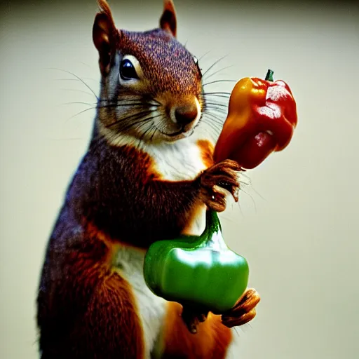 Image similar to a photograph of a Squirrel winces in disgust whilst holding a pepper, portra 800