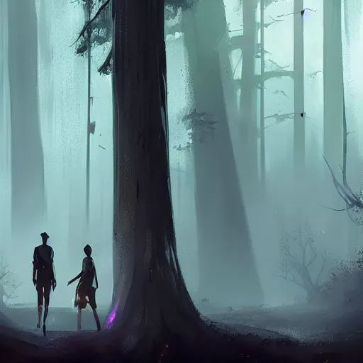 Image similar to concept art by greg rutkowski, a very tall and slender young man walking with a very tall and slender woman through a forest of giant trees, dark atmosphere, surrounded by fireflies, detailed portraits, disturbing atmosphere, scifi, digital painting, artstation, concept art, smooth, sharp foccus ilustration, artstation hq