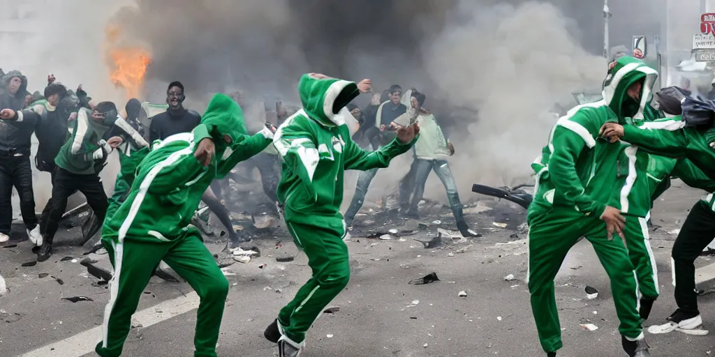 Image similar to photo of young men wearing green and white tracksuits fighting cops in a riot with burning cars, mid shot, editorial photography, night