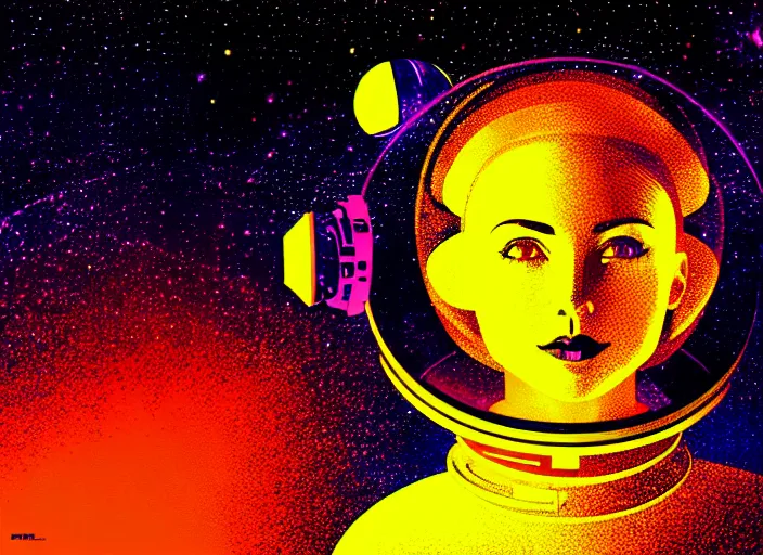 Image similar to portrait of a young astronaut girl on a spacewalk, colorful, modern art deco, mads berg, karolis strautniekas, stippled light, fine texture, editorial illustration, dramatic lighting, dynamic composition, detailed, matte print