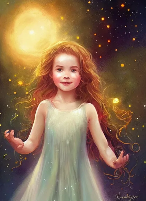 Prompt: A cute little girl with shoulder length curly brown hair with a happy expression wearing a summer dress dancing with fireflies, she is in the distance. beautiful fantasy art by Charlie Bowater.