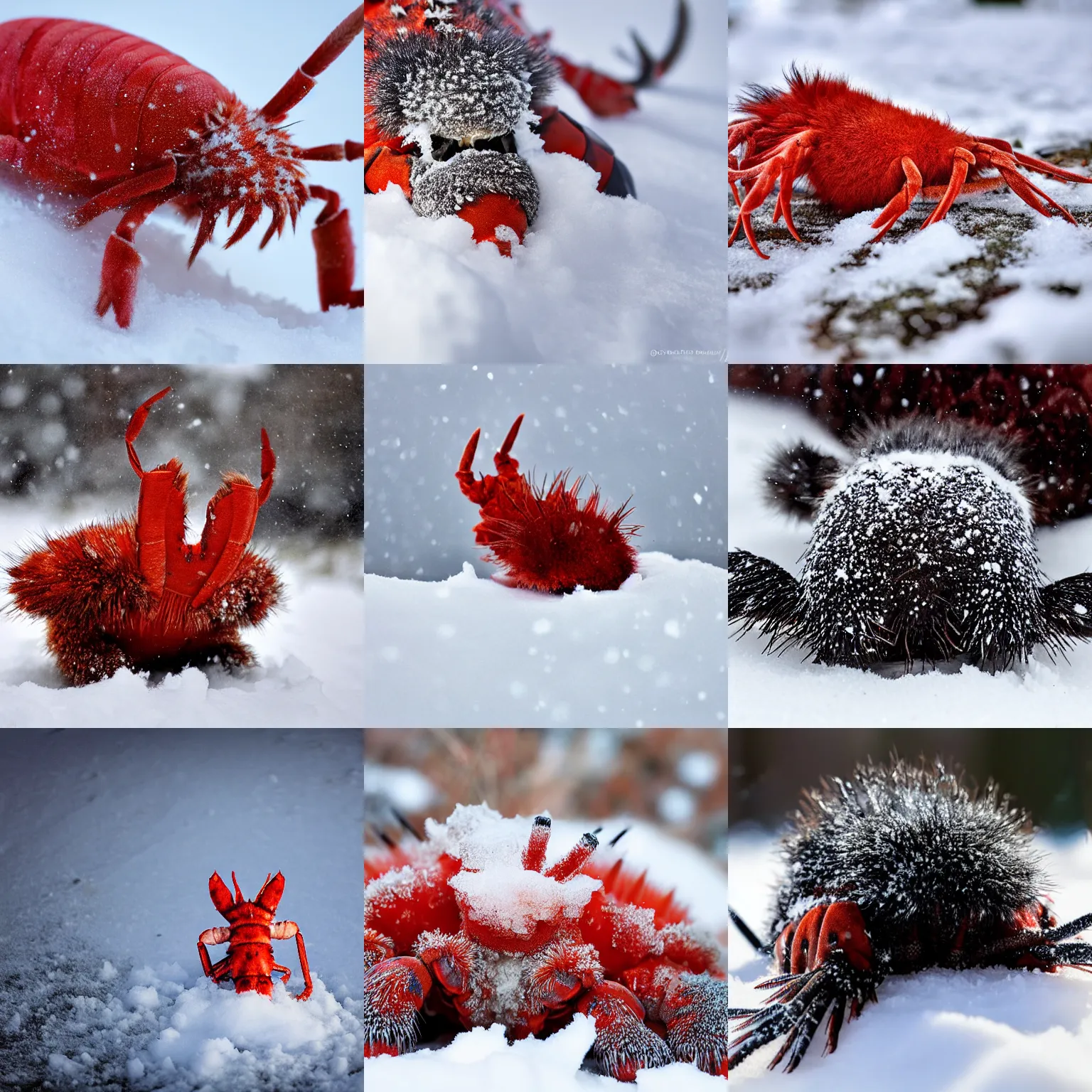 Prompt: a fuzzy furry lobster hiding in snow, wildlife photography