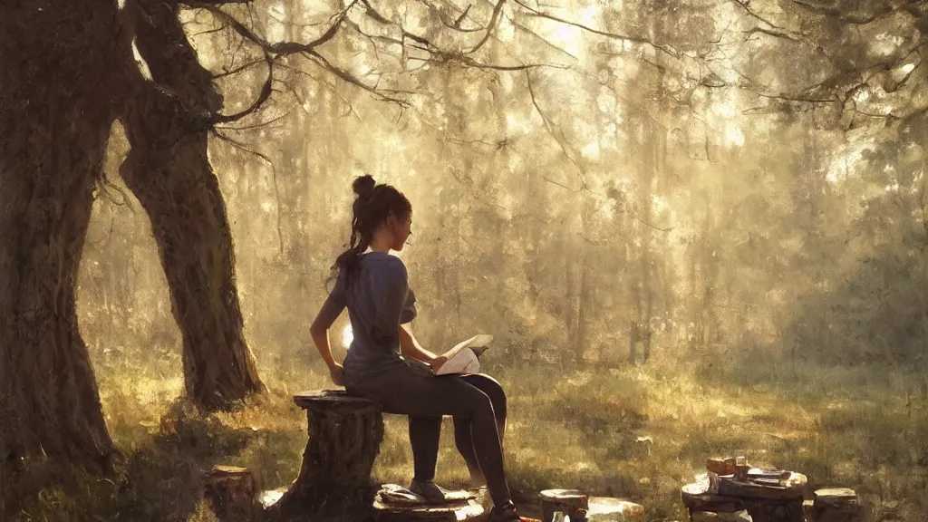 Prompt: girl reading on stump in the forest, curly messy high bun hairstyle, oriental tattoos, morning light, by jeremy mann and greg rutkowski, artstation, oil on canvas