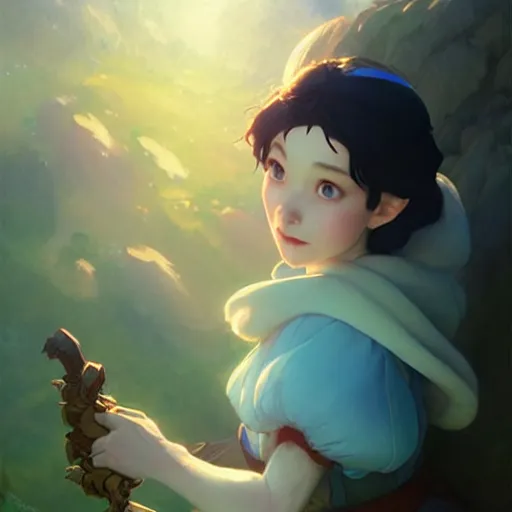 Image similar to still from snow white and the seven dwarfs if made by krenz cushart and wenjun lin, portrait, illustration, rim light, top light, summer clear blue sky, perfectly shaded, soft painting, epic, intricate, art