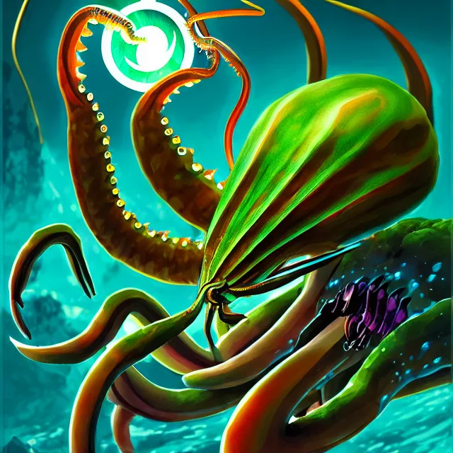 Prompt: a digital illustration of a land - dwelling squid monster with preying mantis claws, magic the gathering card painting, hq scan