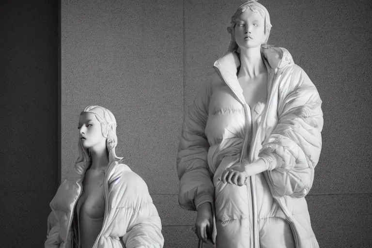 Image similar to well lit fashion shoot portrait of extremely beautiful female marble statue wearing huge over size puffer jacket by dingyun zhang, yeezy, balenciaga, vetements, a cold wall, sharp focus, clear, detailed,, cinematic, detailed, off white, glamourous, symmetrical, vogue, editorial, fashion, magazine shoot, glossy