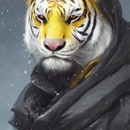 Image similar to a beautfiul award winning aesthetic commission of an antrho albino tiger wearing a yellow-black padded hooded puffer jacket,digital art,art by greg rutkowski,character design by charles bowater,ross tran,photorealistic,detailed face,hyperdetailed,western comic,2021,artstation,deviantart,unreal engine 5