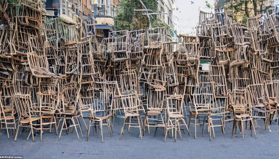 Image similar to chairs piled up ten meters high along the walls of the street, hyperrealistic shaded