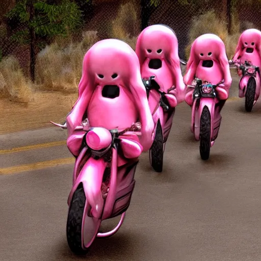 Image similar to humanoid pink female Squid creatures riding a motorcycle fast