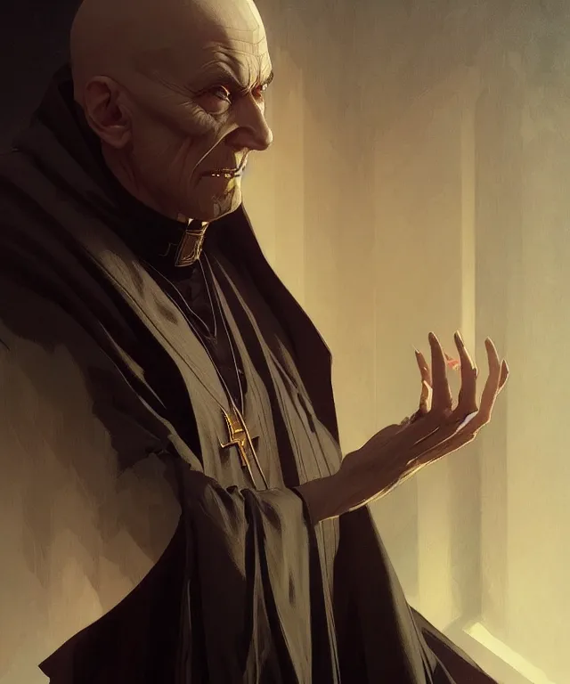 Image similar to an evil priest, portrait, intricate, elegant, highly detailed, digital painting, artstation, concept art, smooth, sharp focus, illustration, art by artgerm and greg rutkowski and alphonse mucha