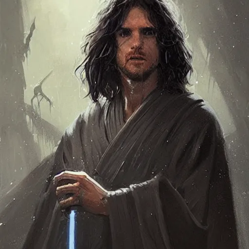 Image similar to portrait of a man by greg rutkowski, british features, messy black long hair, black robes, star wars expanded universe, he is about 2 0 years old, wearing jedi robes, highly detailed portrait, digital painting, artstation, concept art, smooth, sharp foccus ilustration, artstation hq