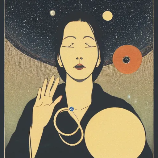 Prompt: closeup of a womans face wearing a neckless with a glowing planet Saturn as the pendant, the rings are glowing around the planet, the woman's hand reaching for the pendant, flat design, screen print by kawase Hasui and Dan hillier, 8k