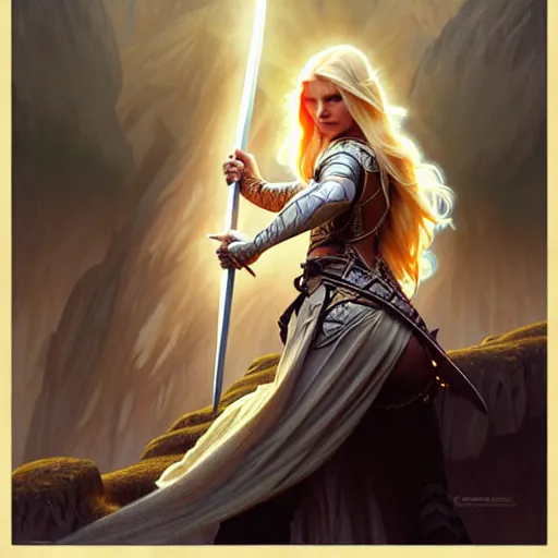Image similar to A epic fantasy portrait of a blond woman, holding a sword, standing on a cliff, castle setting, horror movie lightning, intricate, elegant, highly detailed, digital painting, artstation, concept art, matte, sharp focus, illustration, art by Artgerm and Greg Rutkowski and Alphonse Mucha