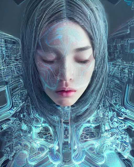 Image similar to the most amazing dream you ever had about female head artificial intelligence singularity, moebius, hyper realistic, concept art, intricate, hyper detailed, smooth, jim lee, high contrast, neon, volumetric lighting, octane, raytrace