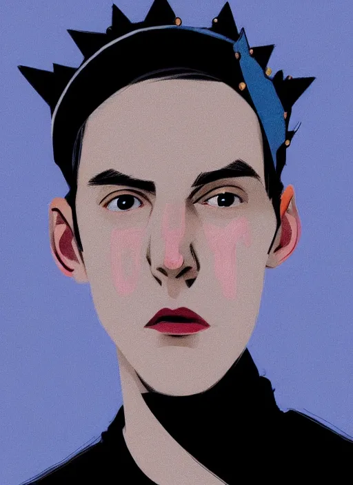 Image similar to portrait of teenage jughead jones wearing a light grey crown, crown, blue turtleneck, 1 9 5 0 s, closed eyes, photorealistic, black hair, glowing lighting, intricate, elegant, glowing lights, highly detailed, digital painting, artstation, concept art, smooth, sharp focus, illustration, art by wlop, mars ravelo and greg rutkowski