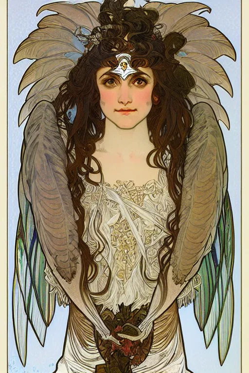 Prompt: head and shoulders portrait of a harpy, eagle wings, feathers, beautiful, female, magical, high fantasy, d & d, by alphonse mucha, face details, extremely detailed, digital illustration