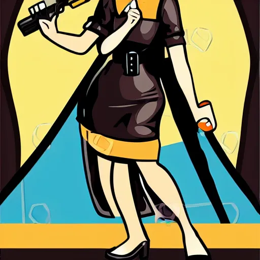 Prompt: vector art pin - up nun with gun full body