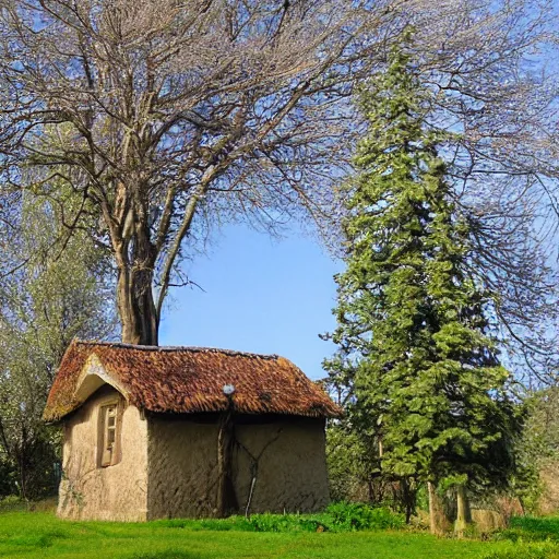 Prompt: a small house with trees in the background, 15th century style