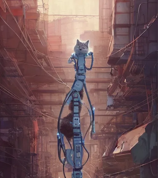 Image similar to a robotic cat, wires and gears. The cat is a robot. By Makoto Shinkai, Stanley Artgerm Lau, WLOP, Rossdraws, James Jean, Andrei Riabovitchev, Marc Simonetti, krenz cushart, Sakimichan, trending on ArtStation, digital art.