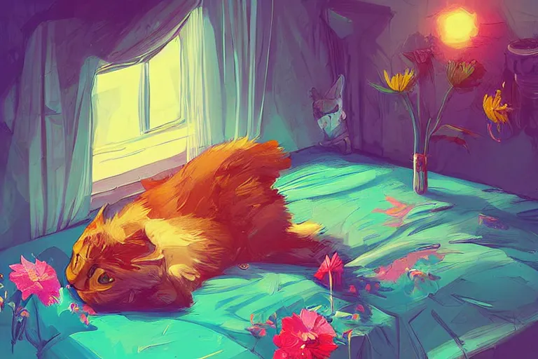 Image similar to a digital art of a cat sleeping in the room with flowers around in the afternoon, the sun shines in, animal, light effect, highly detailed, by anton fadeev