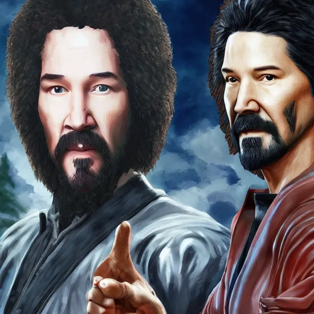 Image similar to bob ross and keanu reeves as a main characters in mortal kombat, concept, artstation, trending on deviantart, 4 k, very very detailed, realistic face,