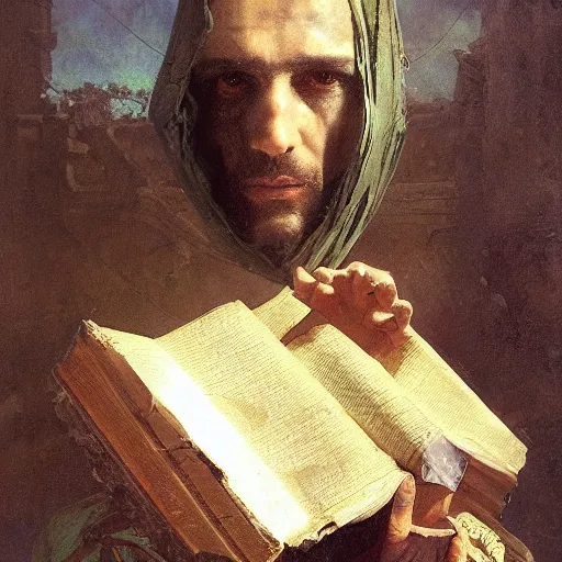 Prompt: half portait of magicus wearing a closed cowl and big old book! chained to the wrist, jeremy mann, jean - leon gerome, tiepolo, alphonse mucha, greg rutkowski, face in the shadows, ( ( ruins of ancient rome ) ), at dusk, mysterious atmosphere, sunrays, dof, high detailed, 8 k