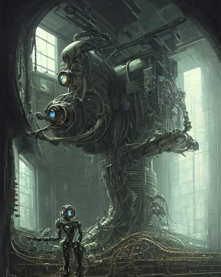 Image similar to low angle shot of a cyberpunk robot character inside a chernobyl room, intricate, elegant, highly detailed, centered, digital painting, artstation, concept art, smooth, sharp focus, illustration, artgerm, tomasz alen kopera, peter mohrbacher, donato giancola, joseph christian leyendecker, wlop, boris vallejo