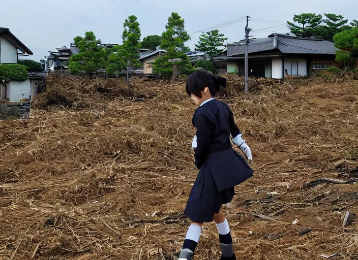 Image similar to Japanese countryside being destroyed by a giant schoolgirl