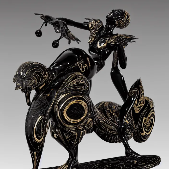 Image similar to fine art statue of black egyptian god on a surrealist motorbike, ebony art deco, carved black marble, inlaid with ebony and gold accents, ebony rococo, wings black lace wear, sculpted by spider zero, zaha hadid, beautifully lit, hyper detailed, intricate, elite, ornate, photorealistic, micro details, 3 d sculpture, ray trace