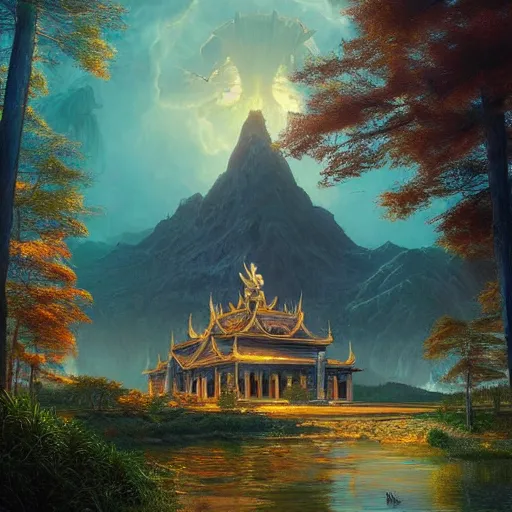 Prompt: A beautiful hyper realistic detailed matte painting of a phoenix temple nestled in forest next to a lake, artwork by John Howe and Albert Bierstadt and Alena Aenami and dan mumford and dave noton, unreal engine, trending on behance