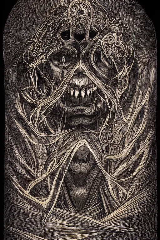 Prompt: Portrait of the Shadow King, gothic, high fantasy, black paper, dark atmosphere, detailed, cinematic, ornate, tarot card, highly detailed, ink illustration, golden ratio, 8k,