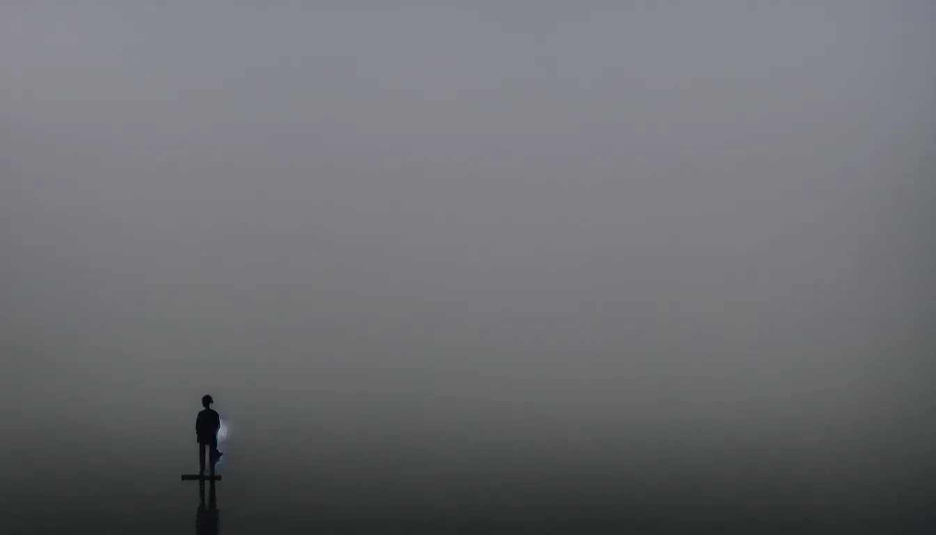 Image similar to 80s asian neon movie still with a lone man levitating over a pier by the river on early morning with city lights behind his back, Fog raising from river, Color film, Fallen angels movie still. hyperrealistic, photorealistic, high definition, medium format photography, highly detailed, tehnicolor, anamorphic 50mm lens