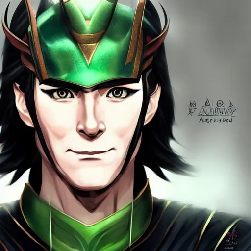 Image similar to Loki portrait, male anime style, illustrated by Avetetsuya Studios, intricate, detailed, photorealistic, trending on artstation, studio lighting, 4k, 8k