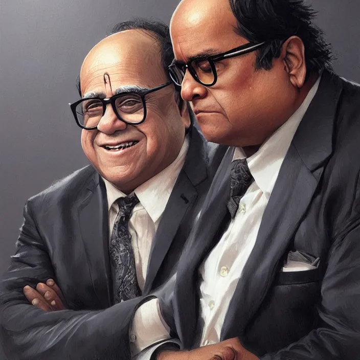 Image similar to danny devito and an indian wearing a suit, elegant, real life skin, intricate artwork, high detailed, artstation, concept art, smooth, sharp focus, art by artgerm and greg rutkowski