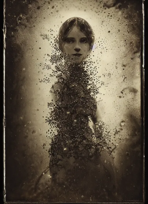 Image similar to old wetplate daguerreotype portrait of the birth of a female super hero, explosion of data fragments, fractal, intricate, elegant, highly detailed, parallax, leica, medium format, subsurface scattering, by jheronimus bosch and greg rutkowski and louis jacques mande daguerre