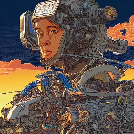 Image similar to hyper detailed comic illustration close up of a young explorer wearing a cyberpunk headpiece sitting on the head of a giant robot watching the sunset in the distance, by Josan Gonzalez and Geof Darrow, highly detailed, 8k wallpaper